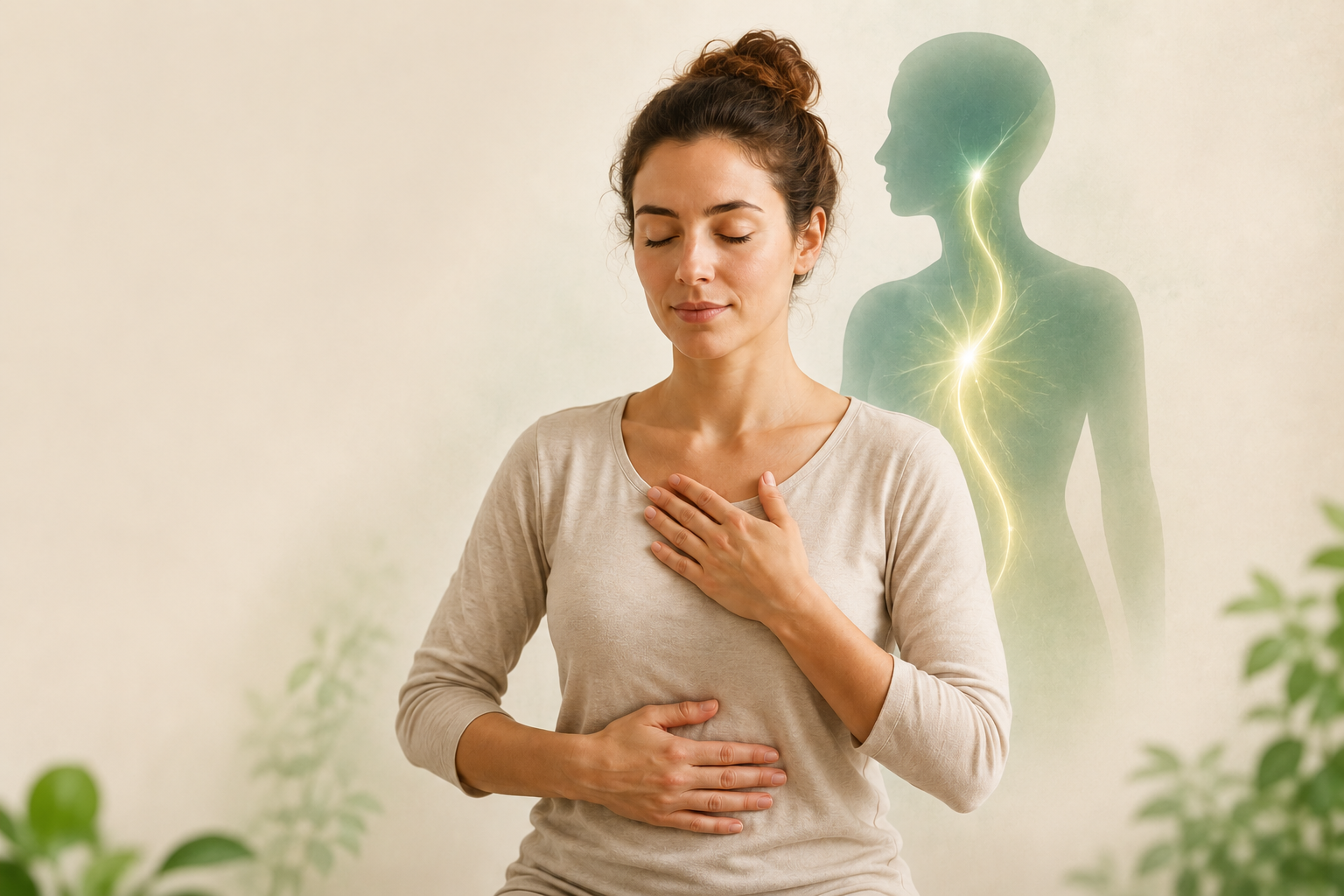 Donna in ascolto del proprio corpo, simbolo della bioenergetica e del legame tra emozioni e benessere