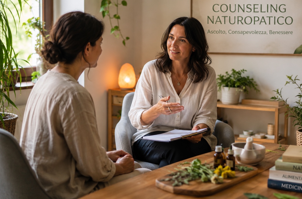 Counseling naturopatico: professionista in ascolto durante un colloquio orientato al benessere e alla crescita personale.