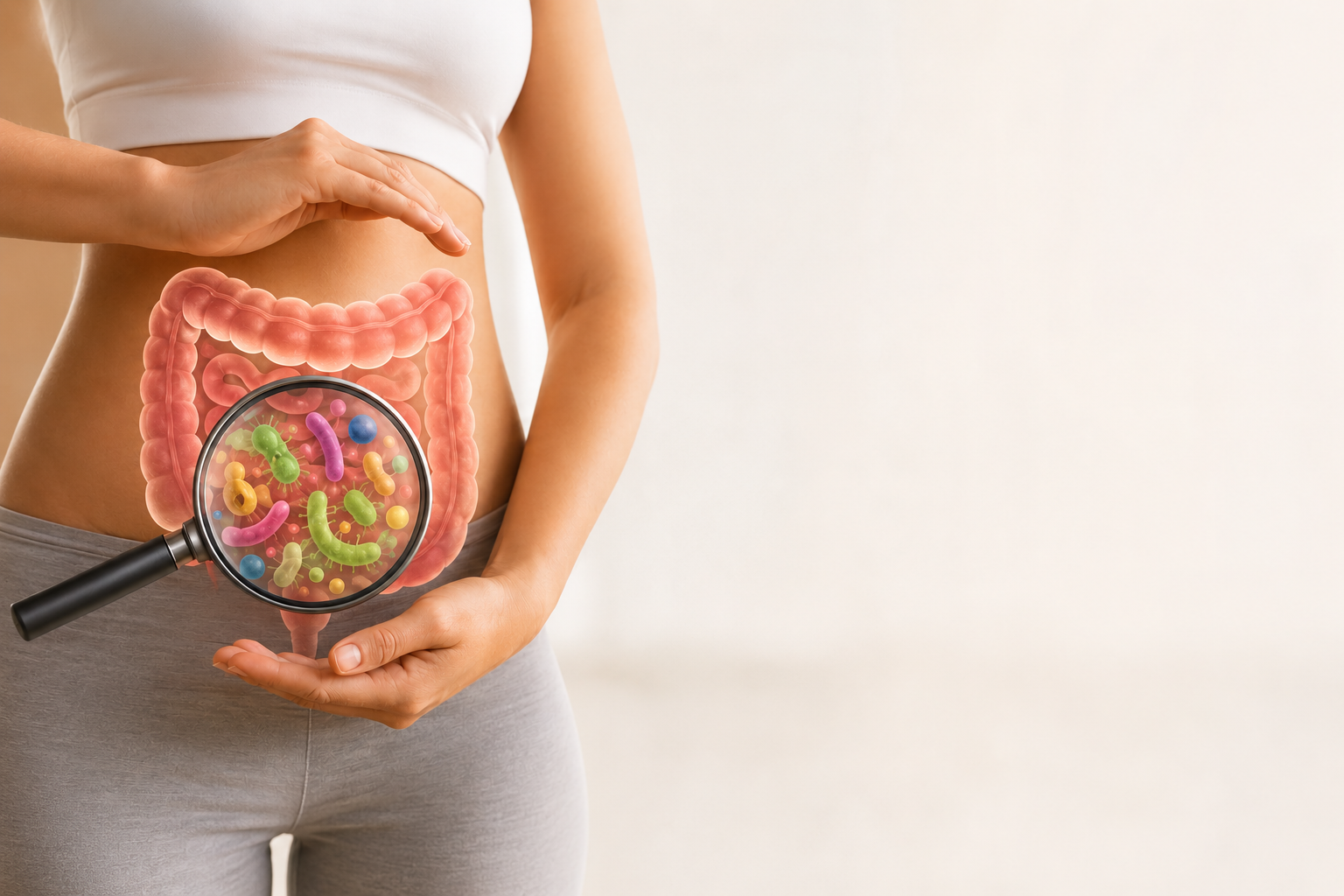 Illustrazione del microbiota intestinale con rappresentazione dell'intestino e dei microrganismi che contribuiscono alla salute e al benessere dell'organismo.