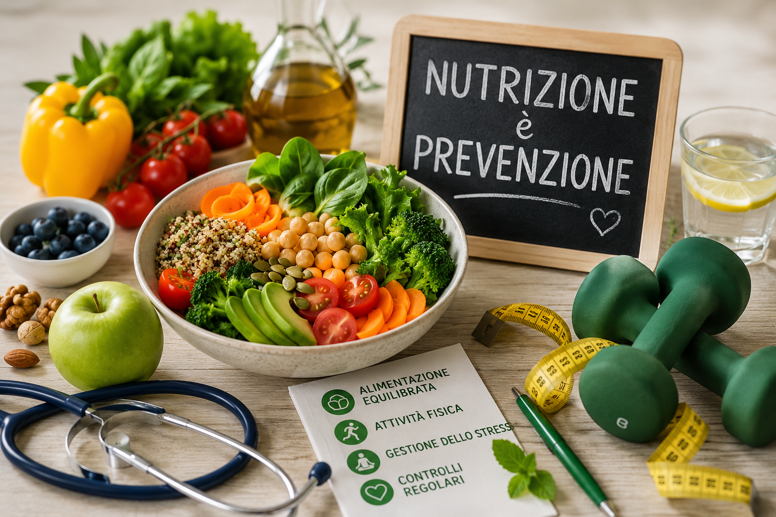 Nutrizione e prevenzione: alimentazione sana con frutta, verdura e alimenti naturali per il benessere e la salute.