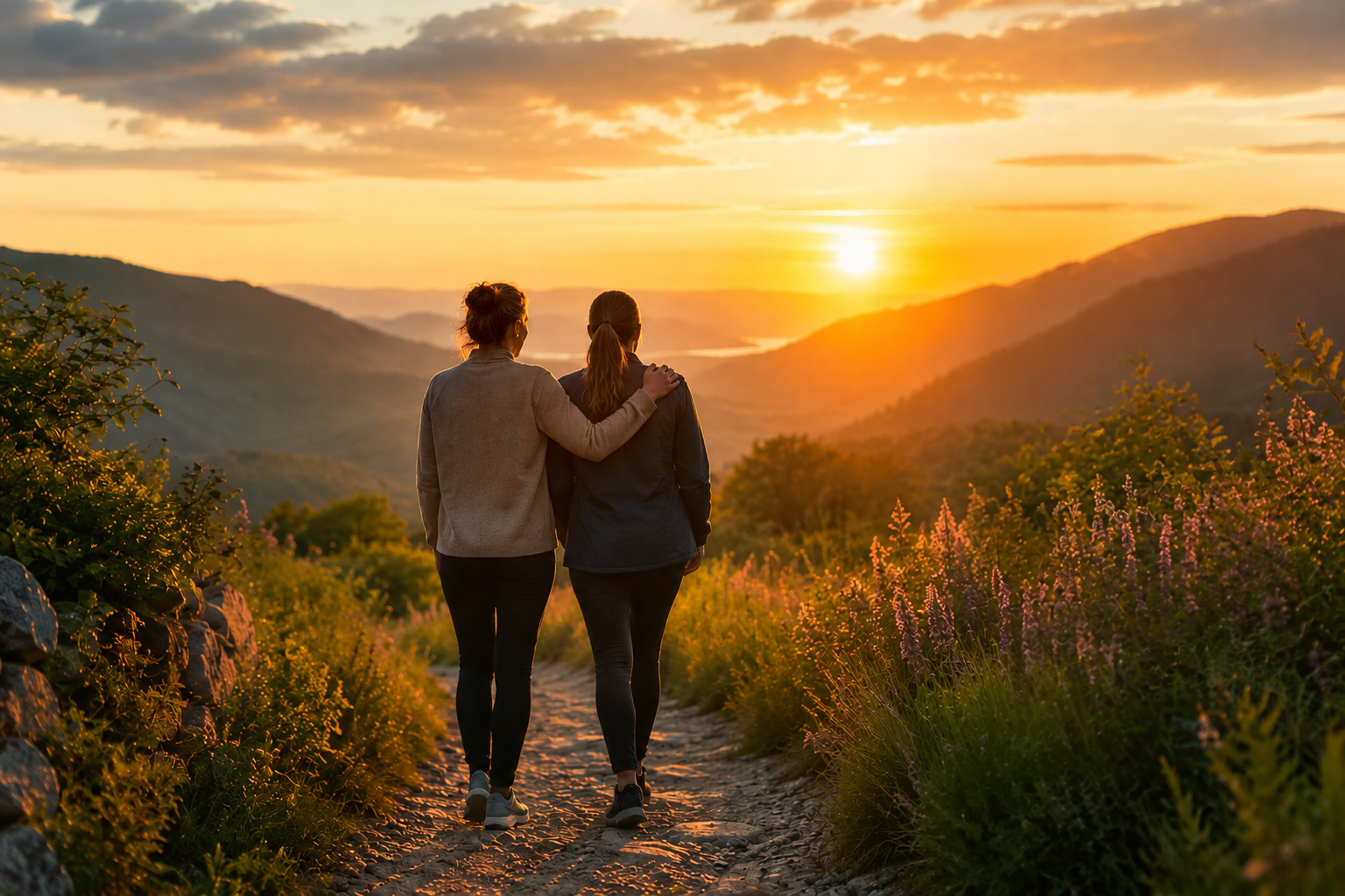 Due persone camminano insieme nella natura al tramonto, simbolo di relazioni positive, sostegno emotivo e gestione dello stress.